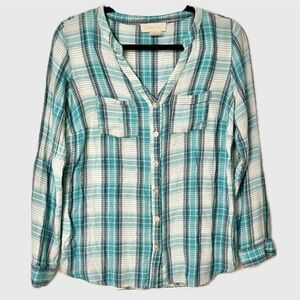 Davina Button Up Aqua Plaid Top - M